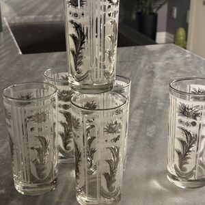 vintage 1960s MCM federal glassware 7 high balls silver madman style botanical